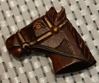 Vintage Large Wood Hand Carved Horse Head Pin Brooch Equestrian Leather Reins