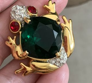 Vintage Estate Frog Figural Green Crystal Rhinestone Pin Brooch Jewelry