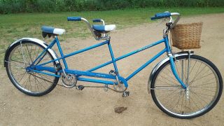 Vintage 1966 Chicago Schwinn Twinn Tandem Bicycle Blue w Basket S7 26 