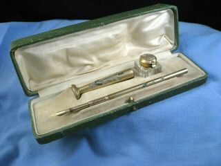 Antique French Silver Gilt Emerald & Pearl Dip Pen Seal Inkwell Boxed Set