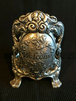 1997 Carson Aluminum Or Pewter " Welcome " Large Round Jar Pillar Candle Holder