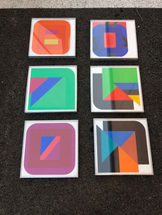 Set Of 6 Vintage Geometric Op Art Prints 1970s Space Age 11.  5”x11.  5” Framed
