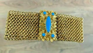 Antique Georgian Pinchbeck & Turquoise Wide Mesh Bracelet