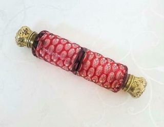 Antique Ruby Red Overlay Double Ended Perfume Scent Bottle Silver Gilt Lids 1880