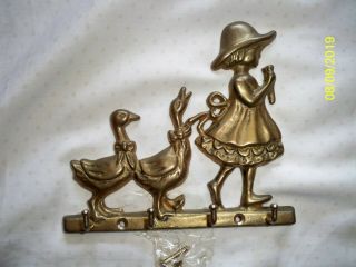 Vintage Brass Metal Girl With Duck / Goose Family Wall Key Hooks