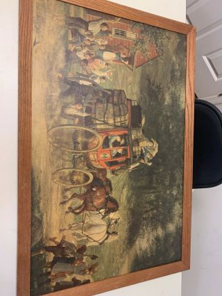 Old Antique Painting On Wood Board Of A Stagecoach And Kids B.  Wood Perry35by22