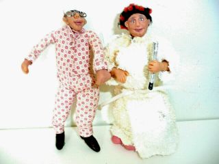 Vintage Dollhouse Miniature Posable Old Lady Robe Curlers Old Man Pajamas 1:12
