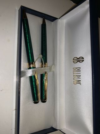 Vintage Billblass Pen Pencil Set Green Gold Color Trim