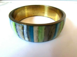 Vintage Blue Green And Tan Inlaid Shell Brass Wide Bangle Bracelet 1 "