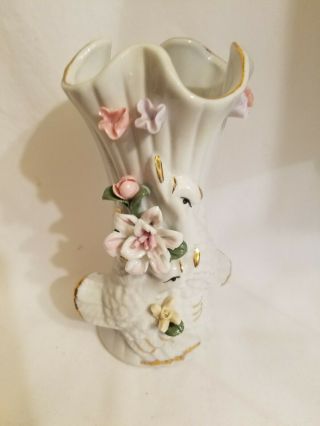 Vintage Ceramic Vase Applied Hand Painted Flower Floral And Bird Design Fluted