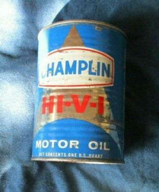 Full 1 Qt.  Can Of Vintage All Metal Champlin Hi - V - I Motor Oil 20 - 20
