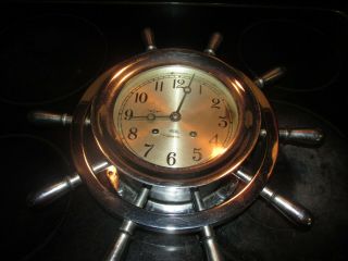 Ww2 Era Chelsea Navy Clock With Steering Wheel - All Chrom Bell