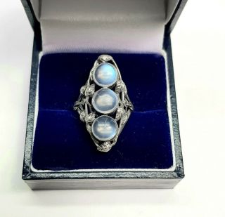 Antique Arts and Crafts 935 Silver Triple Moonstone Ring Size O 1/2 2