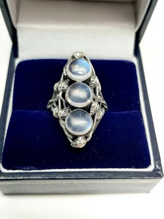 Antique Arts and Crafts 935 Silver Triple Moonstone Ring Size O 1/2 3