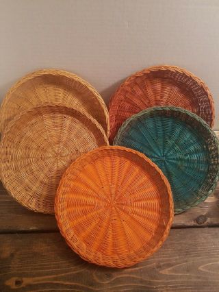 Vintage 1960s Wicker Straw Rattan Woven Paper Plate Holders 5 Camping Picnics
