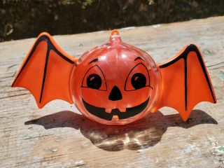 Vintage Plastic Halloween Jack O Lantern Candy Container Ornament Bat Novelty