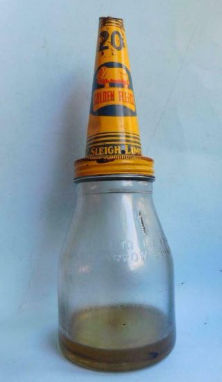 Rare Early Golden Fleece 1 Pint Oil Bottle With Tin Pourer Hc Sleigh & Ram Logo