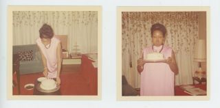 2 Vintage Color Photo African American Black Woman Birthday Cake 1960 Pink Dress