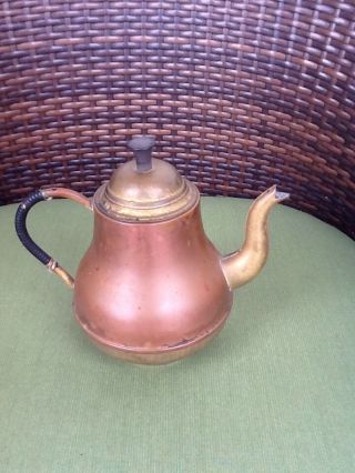 Antique Vintage Copper Brass Tea Pot Kettle Holland Dutch Bamboo Wrapped Handle