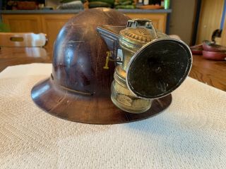 Antique M.  S.  A.  Skullgard Miners Hat W/ 1930s Auto - Lite Brass Miners Carbide Lamp