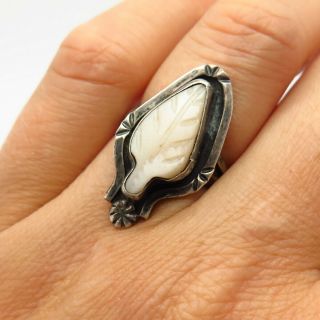 925 Sterling Silver Vintage Mexico Carved Mother - Of - Pearl Tribal Ring Size 7.  5