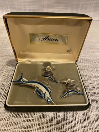 Vintage Cuff - Links By Anson In The Shape Of A Fish/marlin Silver Tone With Blue
