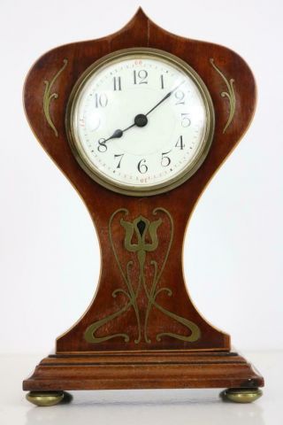 Art Nouveau French Mantel Clock Red Mahogany With Brass,  Ebony & Satinwood Inlay