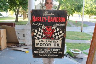 Large Harley Davidson Motorcycle Hi - Speed Motor Oil Gas Station 37 " Metal Sign