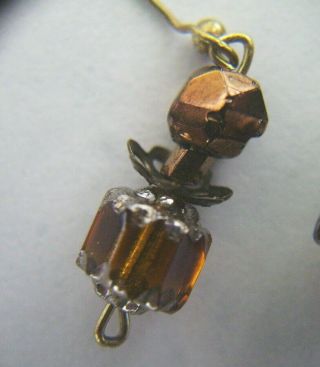 Antique Doll Earrings Bronze Faceted & Amber Color Glass Barrell Drop Earrings