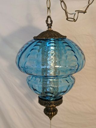 Blue Glass Vintage Antique Mcm Mid Century Hanging Swag Lamp Light.