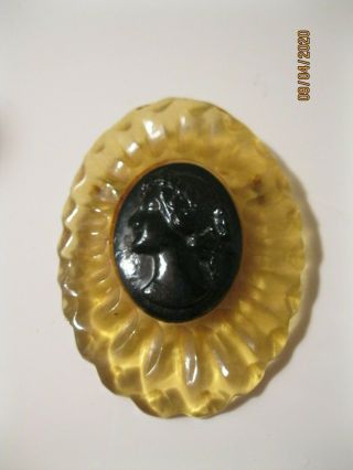 Vintage Large Yellow Lucite & Black Bakelite Style Plastic Cameo Brooch Pin 3 "