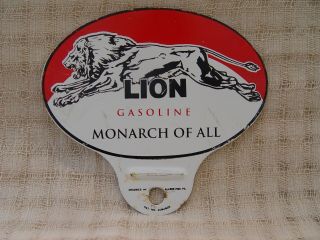 Vintage Lion Gasoline Monarch Of All Gas Oil Advertising License Plate Topper
