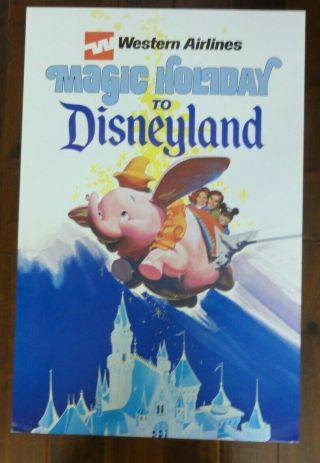 Circa 1970 Disneyland,  Dumbo,  Western Airlines Travel Poster.