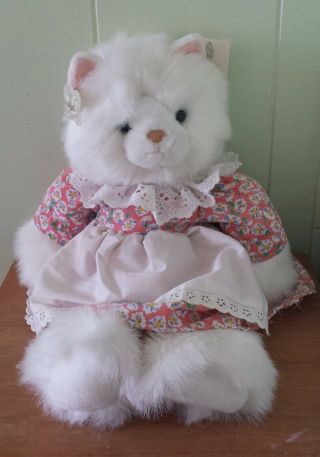 Vtg Russ Berrie Caress Soft Pets White Kitty Cat Floral Dress Stuffed Animal