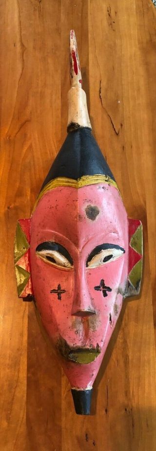 Vintage Wood Hand Carved Tribal Mask Pink Sculpture Wall Decor