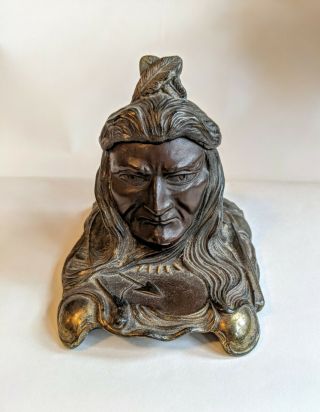 Antique Cast Bronze Or Spelter Native American Indian Warrior Ink Well Inkwell