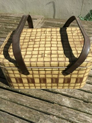 Vintage Metal Tin Picnic Basket With Handles Basket Weave Pattern Gold/brown
