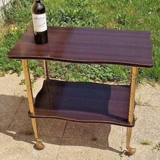 Rare Mid Century Modernist French 1950 Rolling Cart Bar Table Wood Gold Brass