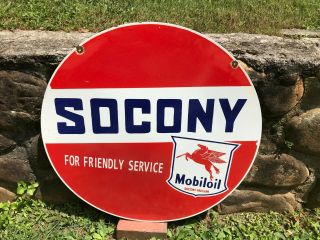 " Socony/mobiloil " Large Heavy Double Sided Dealer Porcelain Sign,  30 " Inch
