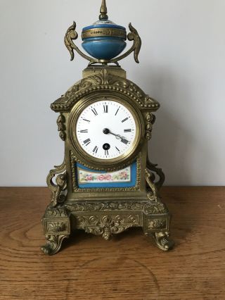 Antique Gilt Metal French Clock With Sevres Style Porcelain