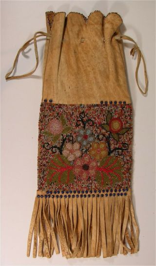 1930s Native American Ojibwa / Chippewa Indian Bead Decorated Hide Tobbaco Bag