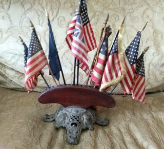 Antique Country Store Wood & Cast Iron Display Stand For Small Parade Flags