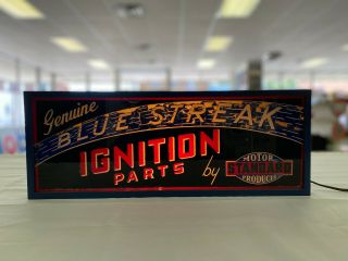 Vintage Blue Streak Ignitions Light - Up Sign Reverse Painted Glass Rare