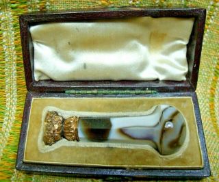 Antique 19th Century Agate,  Gold & Moonstone Wax Seal Stamp In Leather Case