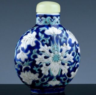 Very Fine 19thc Chinese Blue White Enamel Lotus Porcelain Snuff Bottle Jade Lid