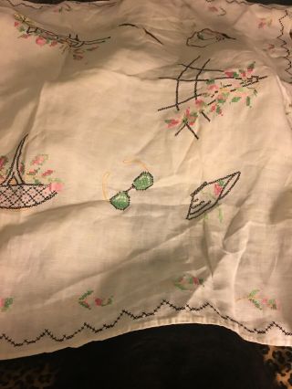 Vintage White Linen Tablecloth W Hand Embroidered Cross Stitch Garden Motif