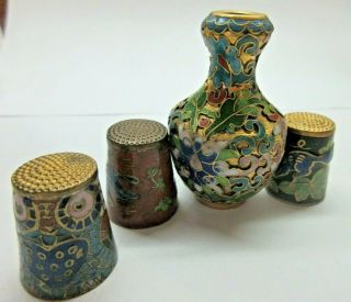 3 Cloisonne Thimbles & 2 " Mini Cloisonne Vase Enamel Flowers Collectible Vintage