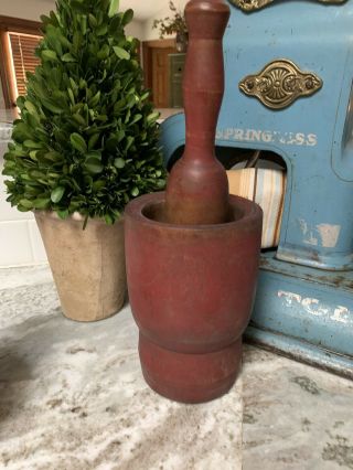 Primitive Antique Red Painted Pantry Mortar And Pestle,  Tall