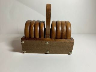 Vintage Wood Drink Coaster Set Of 8 In Wooden Storage Holder