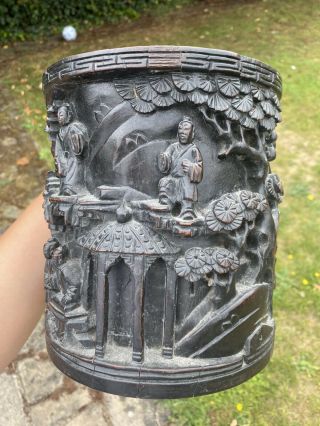 A large 18th/early 19th century Chinese carved hard wood brush pot 2